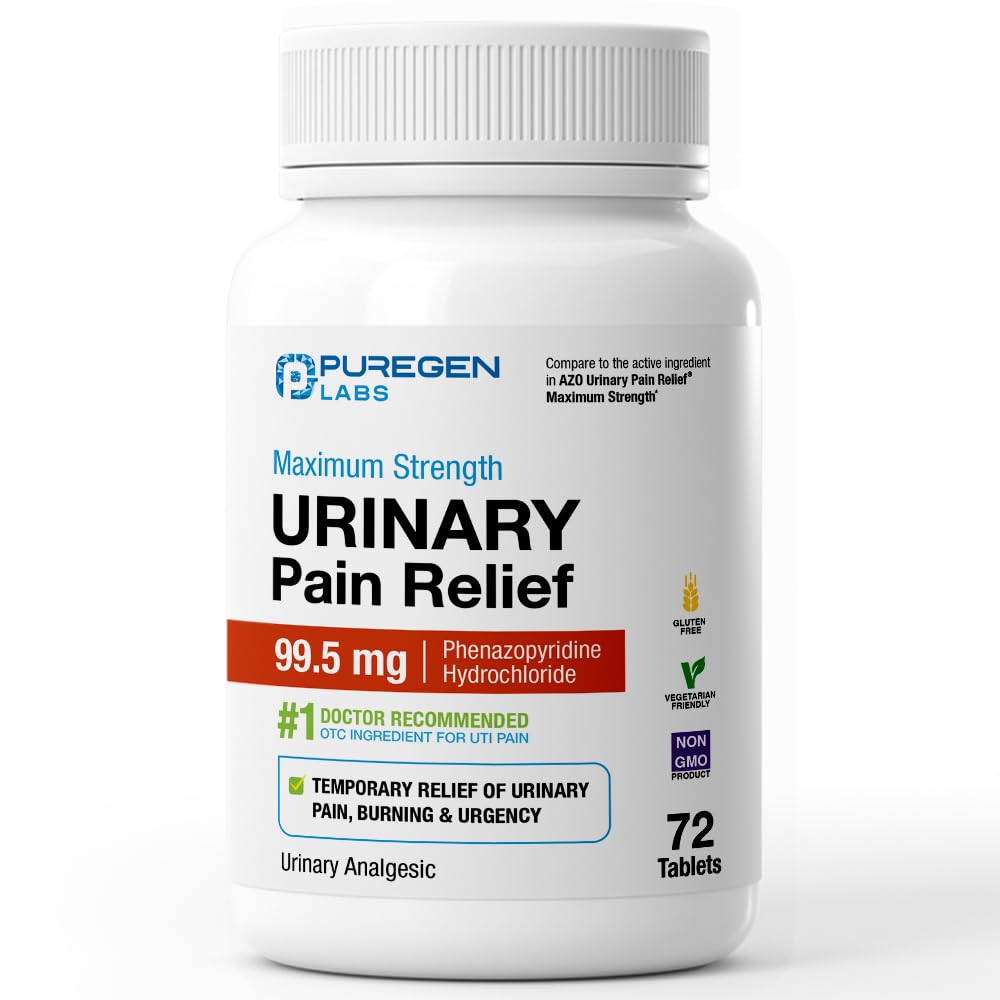 Puregen Labs Urinary Pain Relief | Phenazopyridine HCl 99.5mg Tablets | Maximum Strength OTC for Fast Relief of UTI Pain, Burning and Bladder discomfort – 72 Count Tablets P Puregen Labs Au supplements