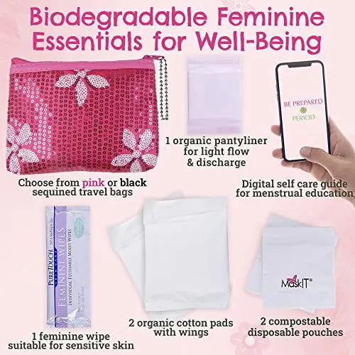 First Period Kit To-go! - Organic Biodegradable Tween Pads & Liner - Period Bags for Teen Girls Be Prepared. Period. Au supplements