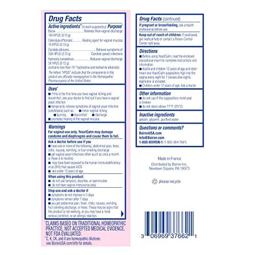 Boiron YeastCalm Homeopathic Suppositories for Yeast Infections, Burning, Discharge Boiron Au supplements