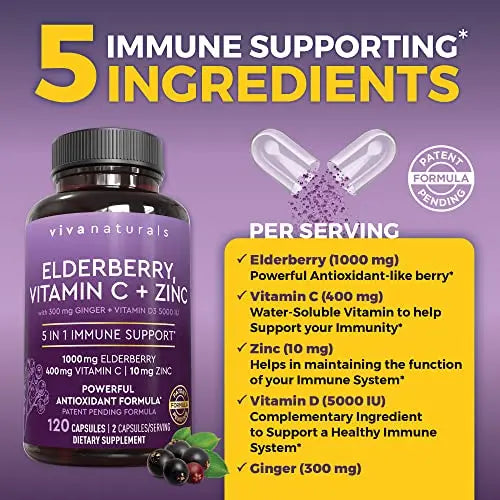 Viva Naturals Sambucus Elderberry with Vitamin C and Zinc for Adults - 5 in 1 Sambucus Viva Naturals Au supplements