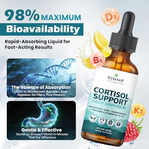 Cortisol Supplements for Women & Men, 18 in 1 Stress & Mood Support Drops with Magnesium 480mg, GABA, Ashwagandha, L-Theanine & Phosphatidylserine, for Relaxation & Sleep, Lemon Raspberry Flavor 60mL Rylaxed Au supplements