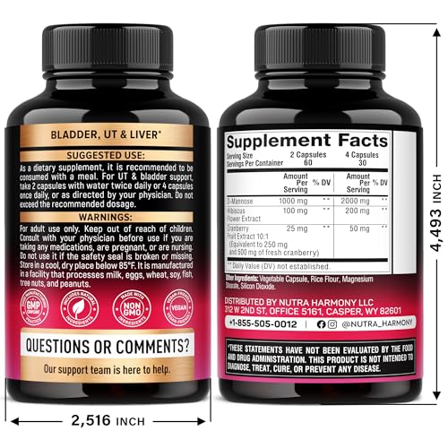 D-Mannose 2000mg with Cranberry & Hibiscus - Clinically Tested Strength for Urinary Tract Health - Supplement for Women - Bladder, Liver & Microflora Support - Made in USA - Vegan, 120 Capsules NUTRAHARMONY Au supplements