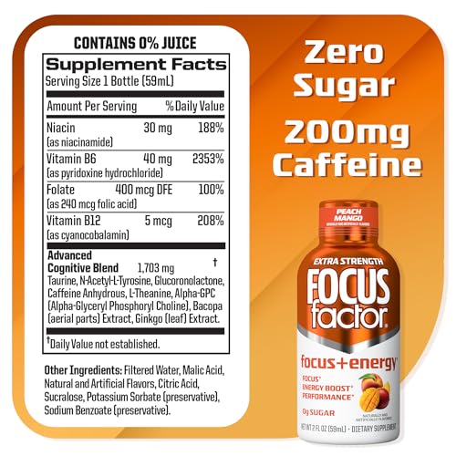 Focus Factor Extra Strength Focus + Energy Shots - 12 x 2oz Bottles (Peach Mango Flavor) - Powered by Nootropics with Caffeine, L-Theanine, Ginkgo, Bacopa, L-Tyrosine, Alpha GPC Focus Factor Au supplements