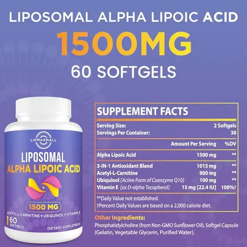 Liposomal Alpha Lipoic Acid 1500mg - with Acetyl-L-Carnitine 900mg & Ubiquinol 100mg lipmaxmall Au supplements