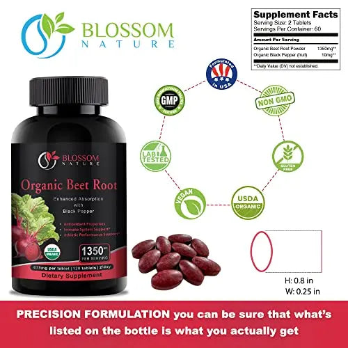 Organic Beet Root Powder 1350mg with Black Pepper-Nitric Oxide Booster, Digestive System Blossom Nature Au supplements