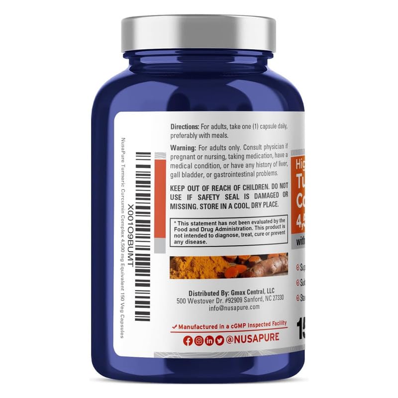 NusaPure Turmeric Curcumin Complex 4,500mg per caps, 150 caps, Non-GMO, Gluten-Free, & Bioperine NusaPure Au supplements