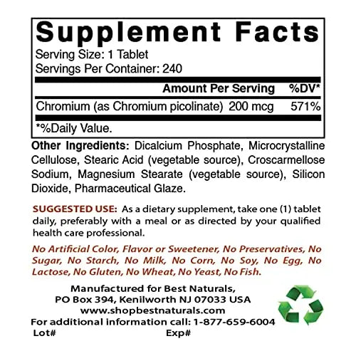 Best Naturals Chromium Picolinate Tablet, 200 mcg, 240 Count Best Naturals Au supplements