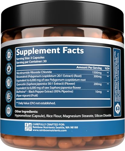 2010 MG NAD+ Supplement- Nicotinamide Riboside, Resveratrol, Quercetin & BioPerine® (High Absorption)- Natural NAD Booster for Anti-Aging, Cellular Energy, Skin- For Women & Men- 90 V Capsules Rainbow Nutrients, LLC Au supplements