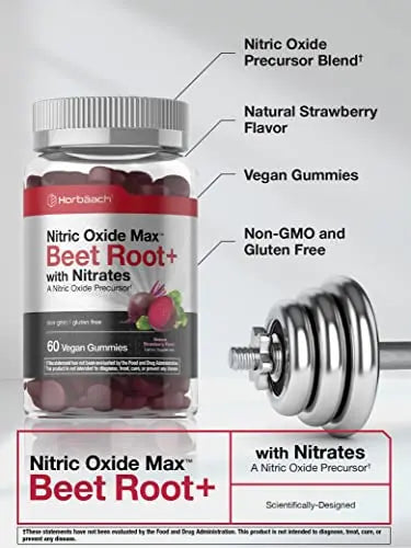 Nitric Oxide Beet Root Gummies | 60 Count | with Nitrates | Natural Strawberry Flavor Horbäach Au supplements