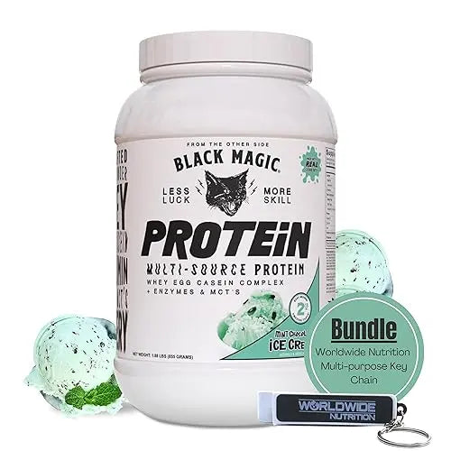 Worldwide Nutrition Bundle, 2 Items: Black Magic Multi-Source Protein Powder - Whey, Egg Albumin Enzymes, Micellar Casein & MCTs - Muscle Mass Gaining - Mint Chocolate Flavor - 2 LB and Keychain Worldwide Nutrition Au supplements