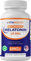 Vitamatic Melatonin 20mg for Sleep Support | Vegetarian, Non-GMO, Gluten Free | HIGH Potency 20 MG | Natural Berry Flavor 120