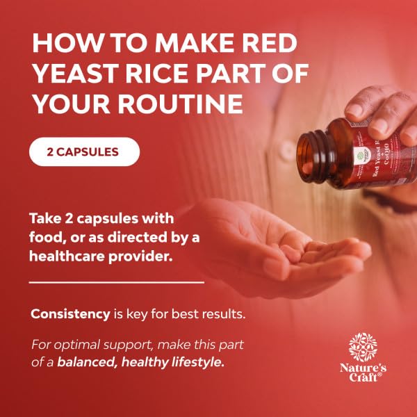 Natures Craft Red Yeast Rice with CoQ10 Supplement - Advanced Healthy Heart & Healthy Cholesterol Levels Formula for Men & Women - Red Yeast Rice Capsules with 1200 mg