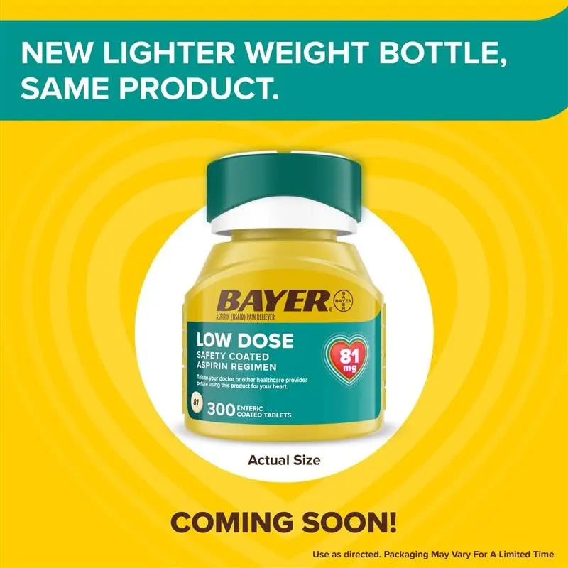 Bayer Aspirin Low Dose 81 mg, Enteric Coated Tablets, Doctor Recommended, Secondary Prevention of Cardiovascular Disease, 300 Safety Coated Tablets (Packaging may vary) Bayer Au supplements