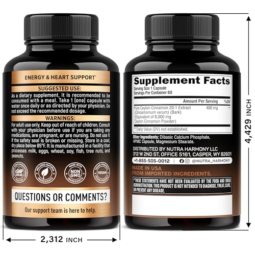 Ceylon Cinnamon Capsules - Extra Strength - Energy Heart & Metabolism Support for Men & Women - Pure Natural Cinnamon 20:1 Extract Supplement