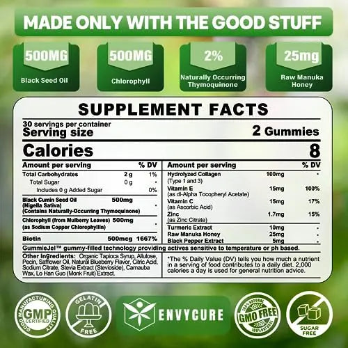 Sugar Free Black Seed Oil Filled Gummies & Chlorophyll, with Hydrolyzed Collagen EnvyCure Au supplements