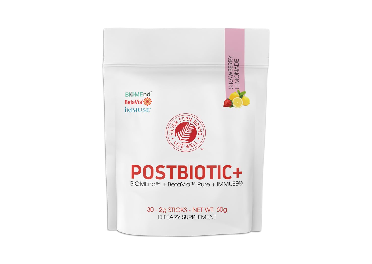Silver Fern Brand Postbiotic+ Strawberry Lemonade Powder – Postbiotic Supplement with BIOMend™, BetaVia™, and Immuse® – Supports The Digestive System