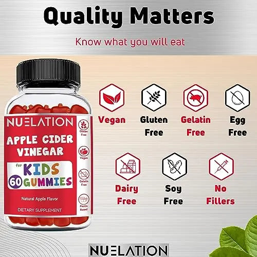 NUELATION Apple Cider Vinegar Gummies for Kids, 60 Servings. Gluten Free, Vegan and Gelatin NUELATION Au supplements