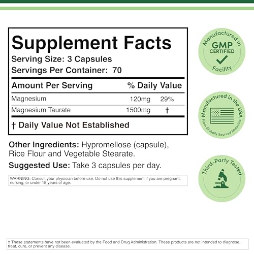 Magnesium Taurate Supplement for Cardiovascular Health to Boost Magnesium Levels (1,500mg per Serving, 210 Vegan Capsules) Non-GMO, Gluten Free