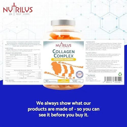 Collagen Complex 90 Natural Pineapple Gummies 500mg - Large Pack - with Biotin & Selenium Nutrilus Au supplements