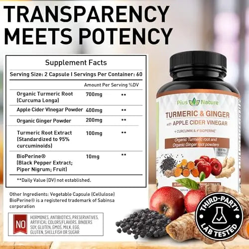 PIUS NATURE Turmeric Curcumin and Ginger with Apple Cider Vinegar, USDA Organic PIUS NATURE Au supplements