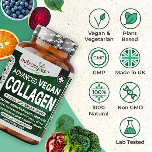 Vegan Collagen Supplement For Skin, Hair, Nails, Joints & Bones with Hyaluronic Acid, Biotin, Lysine, Bamboo Silica, Zinc, Vitamin C, D3, B12, E NUTRABYTES Au supplements