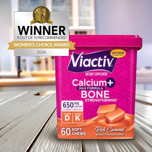 Viactiv Calcium + Vitamin D Supplement Soft Chews for Women & Men - Chewable Calcium for Bone Health Support, 650 mg per Serving, Vitamin D & K for High Absorption - 60 Count, Caramel Viactiv Au supplements
