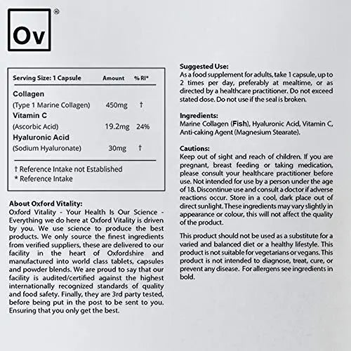 Collagen 450mg, Vitamin C 19.2mg, Hyaluronic Acid 30mg Capsules | Bones & Skin Ov OXFORD VITALITY Au supplements