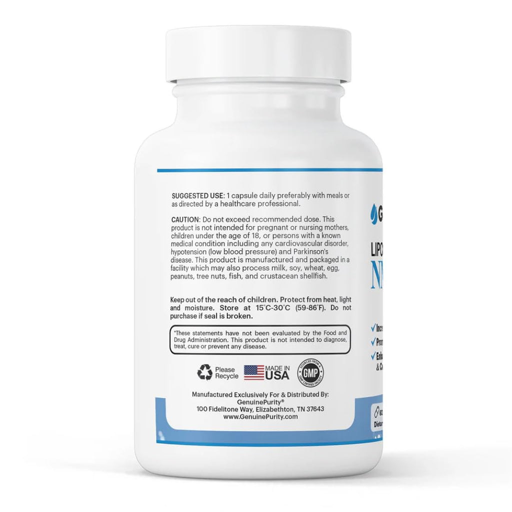 GenuinePurity - 250mg Liposomal NMN Supplement - 60 Vegan Capsules to Support NAD+ Production, Cellular Energy & Healthy Aging - Nicotinamide Mononucleotide for Metabolic Wellness & Immune Support GenuinePurity Au supplements