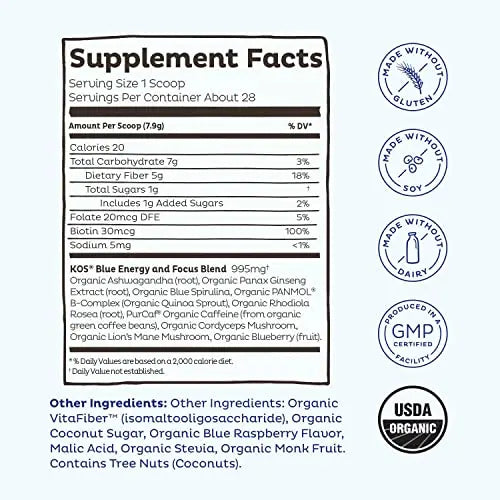 KOS USDA Organic Energizing Blue Spirulina Blend - 70 mg Organic Caffeine, B-Complex KOS Au supplements