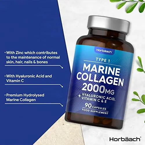 Marine Collagen Capsules | with Hyaluronic Acid, Vitamin C & E | 2000mg | High Strength Type 1 Collagen Horbäach Au supplements