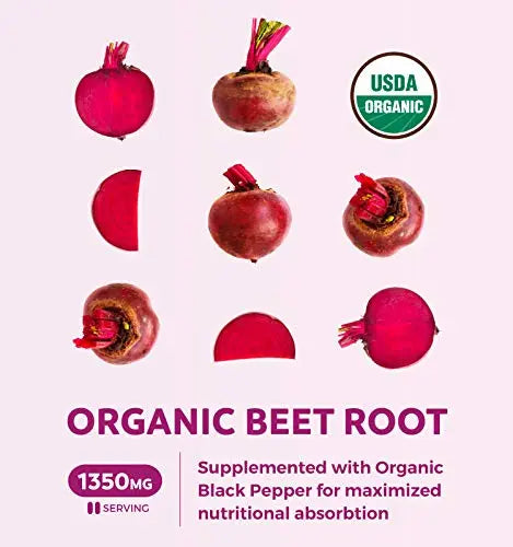 USDA Organic Beet Root Powder (120 Tablets) 1350mg Beets Per Serving with Black Pepper Healths Harmony Au supplements