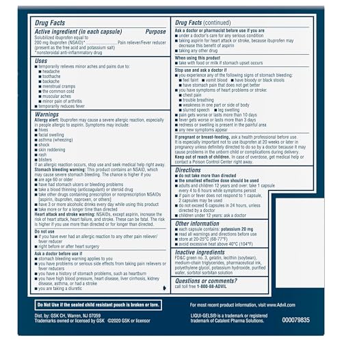 Advil Liqui-Gels Pain Reliever and Fever Reducer, Pain Medicine for Adults with Ibuprofen 200mg for Headache, Backache, Menstrual Pain and Joint Pain Relief - 50x2 Liquid Filled Capsules Advil Au supplements
