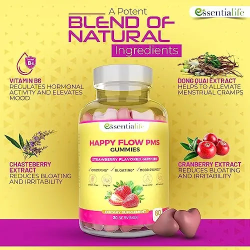 Happy Flow Strawberry-Flavor Chewable PMS Gummies | Hormone Balance Chasteberry Essentialife Au supplements