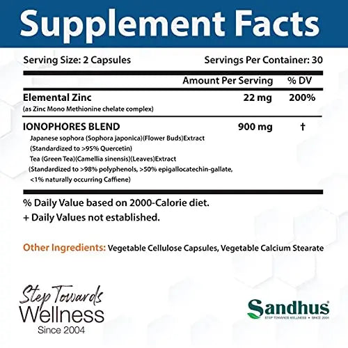 Sandhu's BioZnq 900mg Vegetarian Capsules Zinc Supplement with Quercetin Sandhu's Au supplements