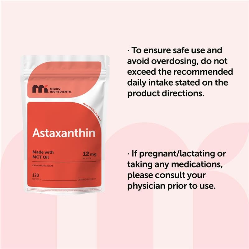 Micro Ingredients Astaxanthin 12mg with MCT Oil, 120 Softgels, 4 Month Supply | Premium Astaxanthin Antioxidant Supplements* | Fresh Microalgae Source