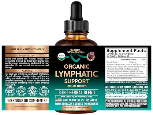 USDA Organic Lymphatic Drainage Supplement - Echinacea | Elderberry | Dandelion | Rosehip | Cleavers | Calendula | Burdock - Made in USA - Lymph System Drops