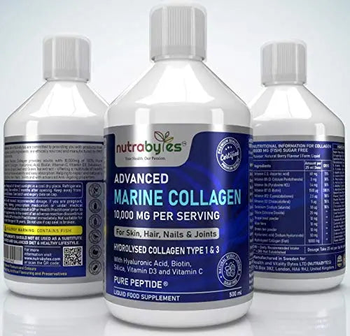 Marine Collagen Liquid 10000mg Sugar Free, Hydrolysed Peptides | Hyaluronic Acid, Biotin, Silica, Vitamin C, Vitamin D3 NUTRABYTES Au supplements