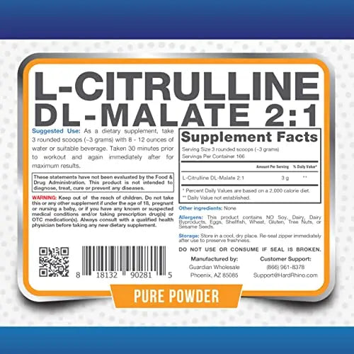 HR Supplements L-Citrulline DL-Malate 2:1 Powder, 1 Kilogram (2.2 Lbs), Unflavored Hard Rhino Au supplements