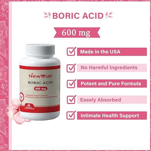 NewVue Boric Acid Vaginal Suppositories (600mg, 60 Count) Supports Vaginal pH Balance, Odor Control (USP Medical Grade Fine Powder, Easy Dissolve, Third Party Tested, Made in USA) NewVue Au supplements
