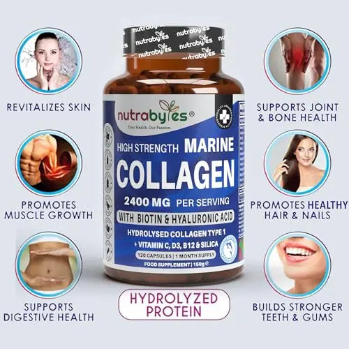High Strength Marine Collagen 2400mg with Hyaluronic Acid 100mg, Biotin, Vitamin C, D3, B12 and Silica NUTRABYTES Au supplements