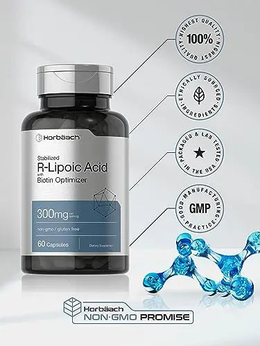 Stabilized R-Lipoic Acid 300mg | 60 Capsules | with Biotin Optimizer | Non-GMO, Gluten Horbäach Au supplements