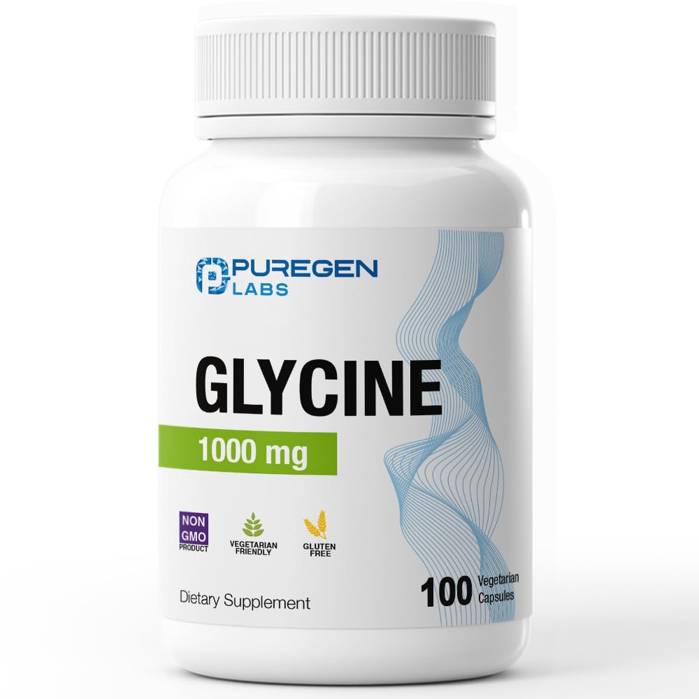 Puregen Labs Glycine 1000mg [High Potency] 100 Vegetarian Capsules, Promotes Healthy Rest | No Harmful Additives
