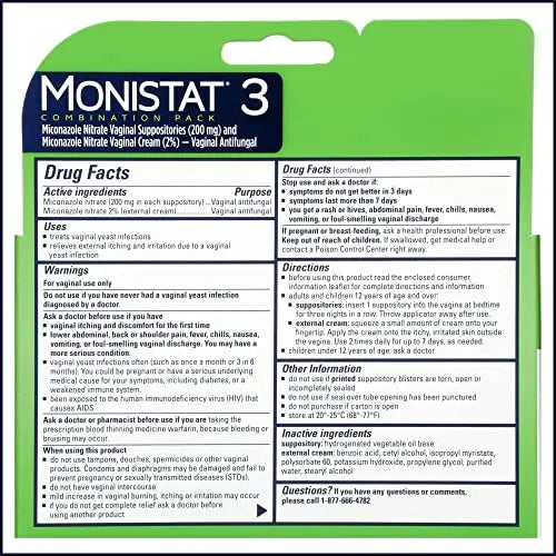 Monistat 3 Day Yeast Infection Treatment for Women, 3 Miconazole Suppository Inserts & External Monistat Au supplements