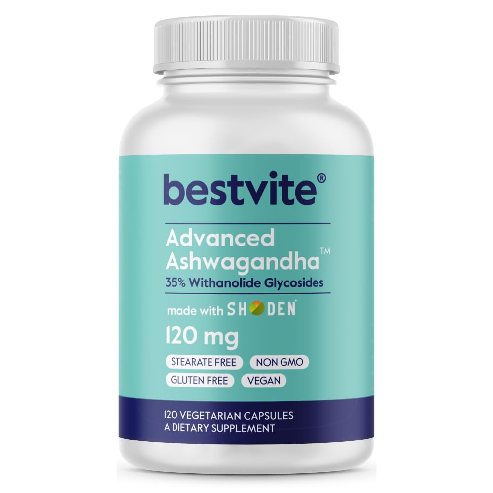BESTVITE Advanced Ashwagandha 120mg w/Shoden (120 Vegetarian Capsules) - Clinically Studied Containing Industry Leading 35% Withanolide Glycosides - No Stearates - Vegan - Non GMO - Gluten Free BESTVITE Au supplements