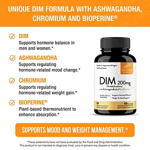 Sandhu's DIM Supplement 200 mg -60 Capsules - Diindolymethane with Ashwagandha Sandhu's Au supplements