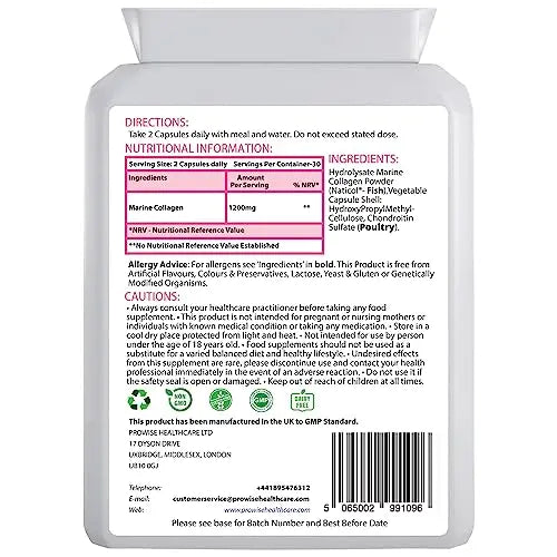 Marine Collagen Type 1 and Type 2 1200mg - 60 Capsules | UK Manufactured PH PROWISE Healthcare Au supplements