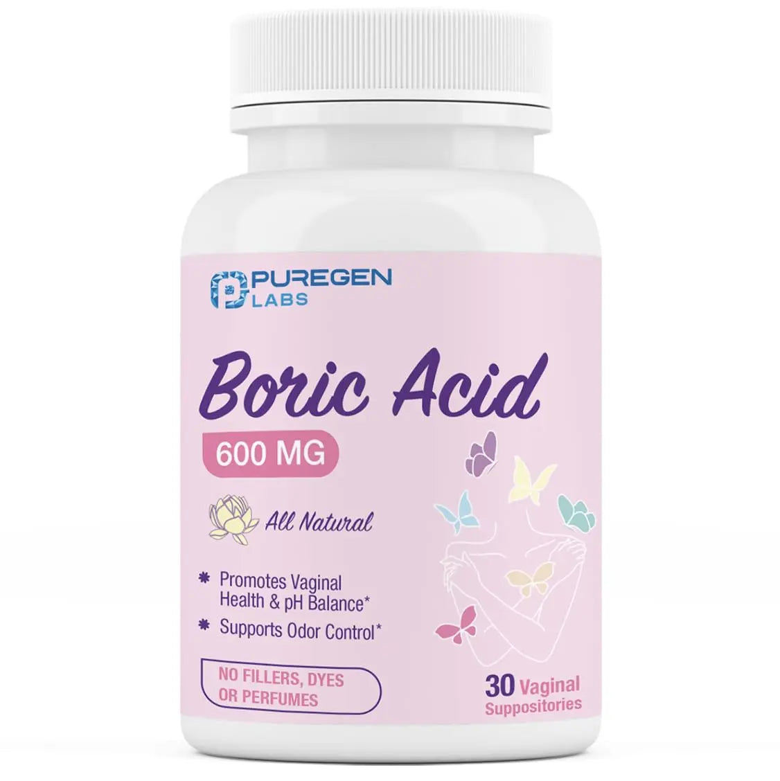 Puregen Labs Boric Acid 600 mg Vaginal Suppositories - 100% Pure | All Natural Without Dyes or Fillers P Puregen Labs Au supplements