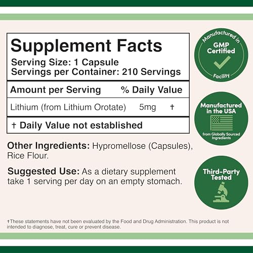 Lithium Orotate 5mg of Elemental Lithium for Cognition and Brain Health, 210 Capsules (Third Party Tested, Vegan Safe, Non-GMO) by Double Wood Supplements Double Wood Supplements Au supplements