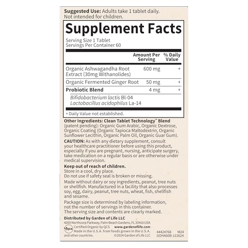 Garden of Life Organic Ashwagandha Supplement with Probiotics & Ginger - Stress, Mood & Energy Support, Vegan, Gluten Free