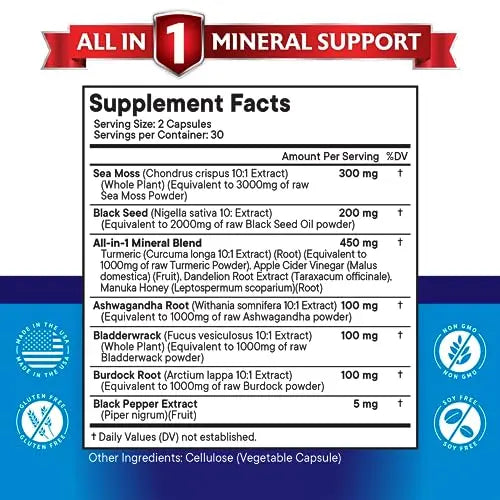 Silica Sea Moss 3000mg Black Seed Oil 2000mg Ashwagandha 1000mg Turmeric 1000mg NEW AGE Au supplements